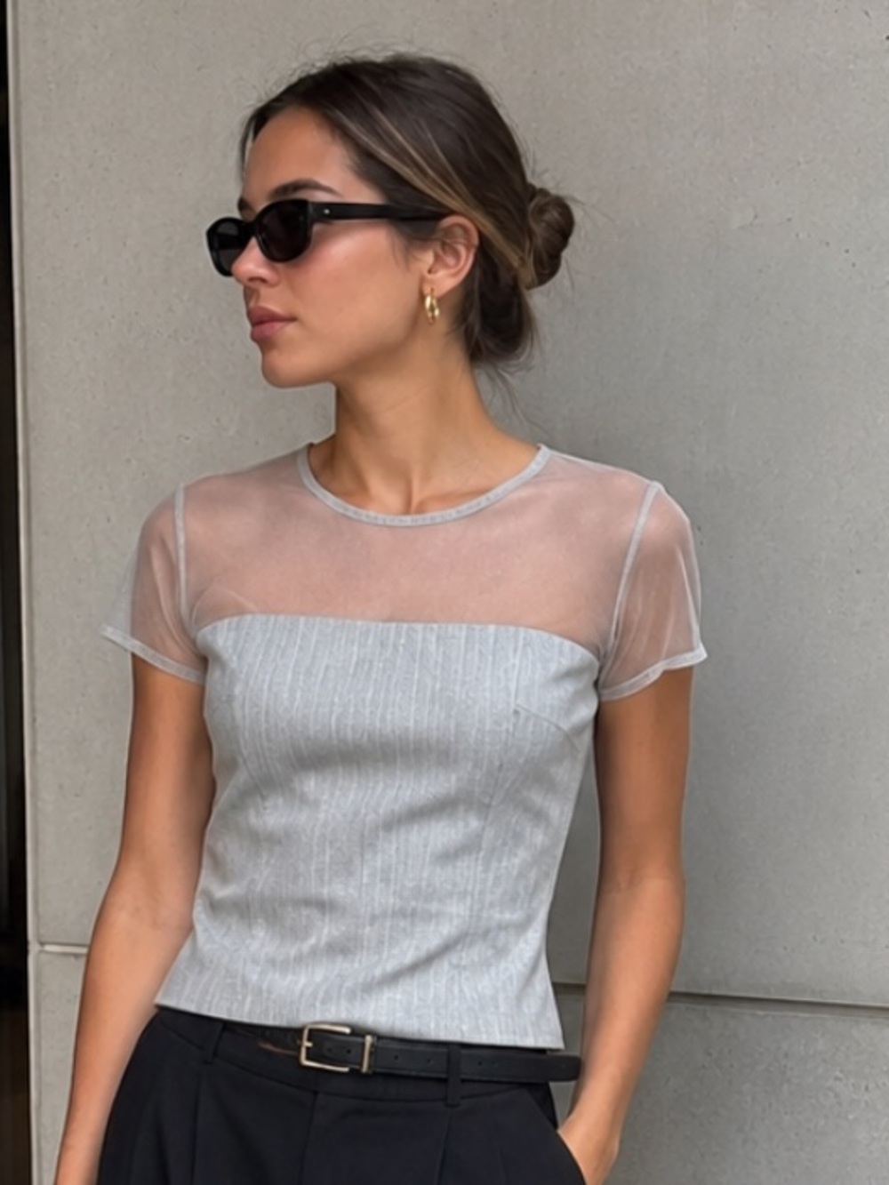 AS by DF Luxembourg Top Gray White Pinstripe Mesh Sheer Top